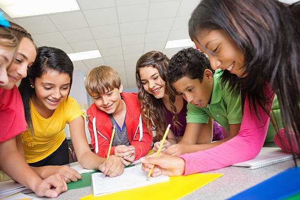 istock Team of students working on project together at school 175224442