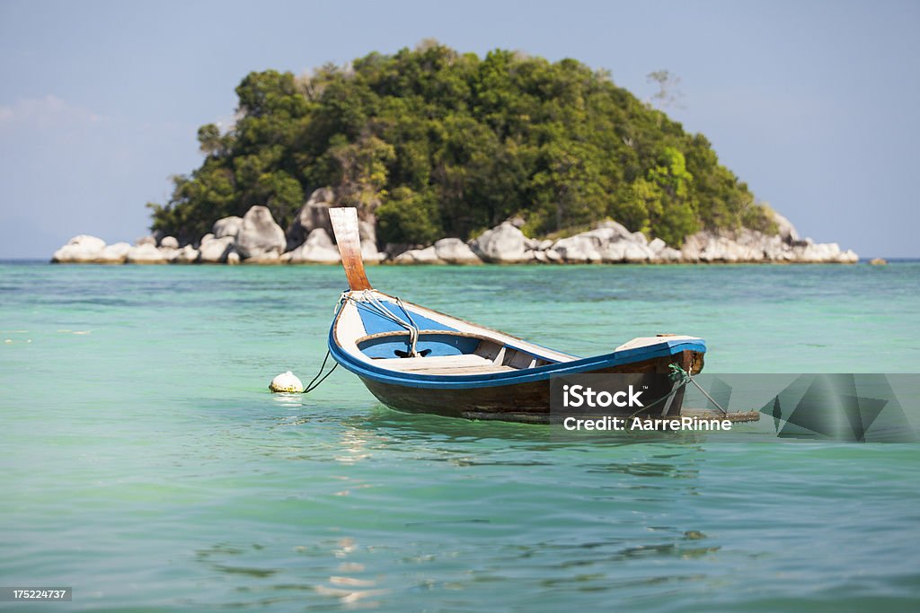 Thailand Boat&Island seashore scene "Thai style wooden boat, turquoise water and small island blurred background" Beach Stock Photo