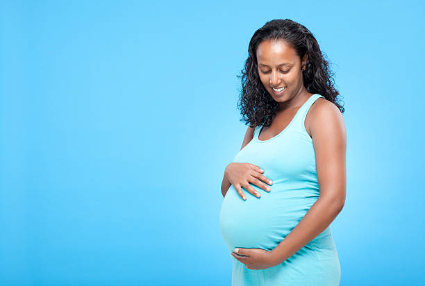 Pregnant woman storking her belly. "Pregnant young woman stroking her stomach, isolated on blue background.Similar images preview:" ethiopian ethnicity photos stock pictures, royalty-free photos & images