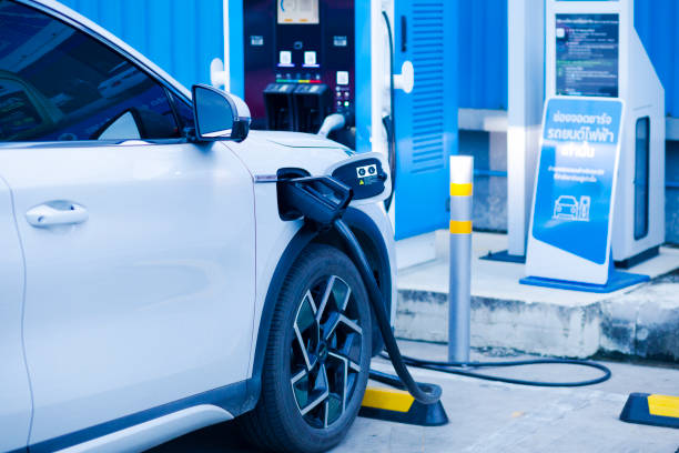 Chinese BYD EV car at charger of gas station stock photo