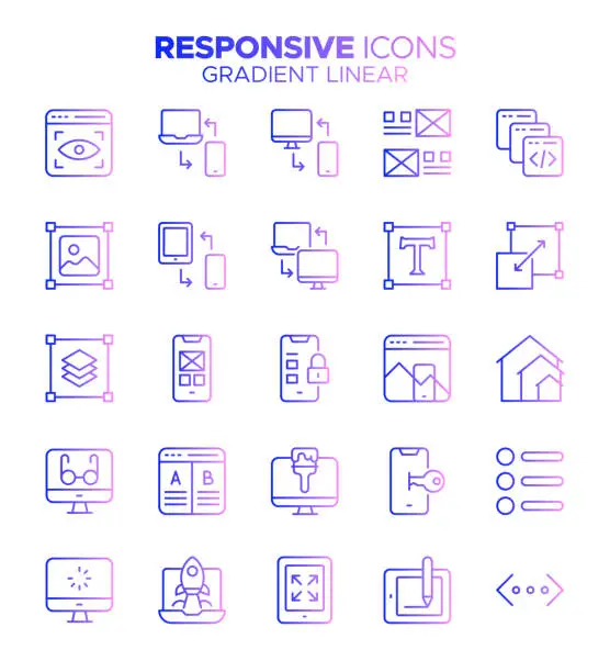 Vector illustration of Responsive and Device - Gradient Thin Line Vector Icon Set - Responsive Web Design, Computer Graphic, Desktop PC, Digital Tablet, Development