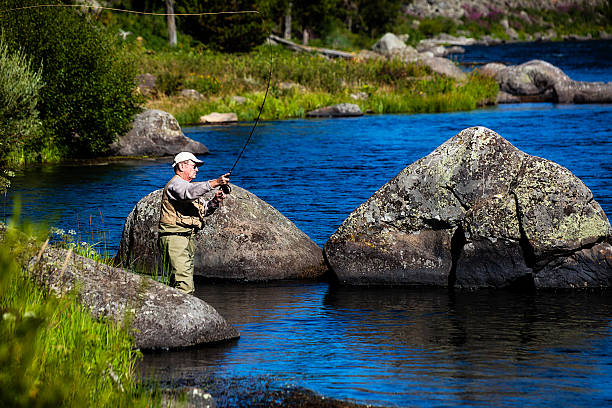 istock Fly Fisherman Casts with Rocks in Background 175228152