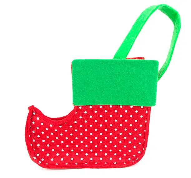 Red and green felt stocking holiday gift bag. Vertical.-For more jars, boxes, containers, bottles, and bags click here.  JARS, BOXES, CONTAINERS, BOTTLES, and BAGS 
