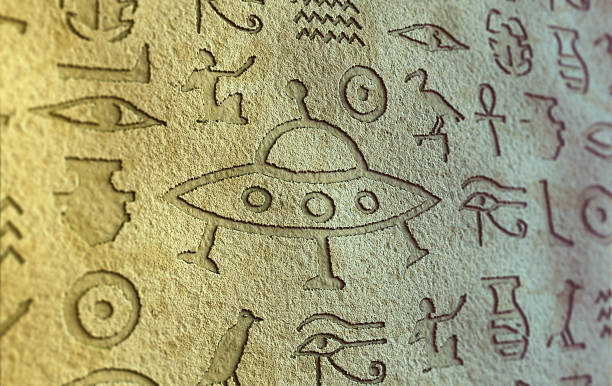 Ufo hieroglyph Flying saucer sign among egypt hieroglyphs. hieroglyphics photos stock pictures, royalty-free photos & images