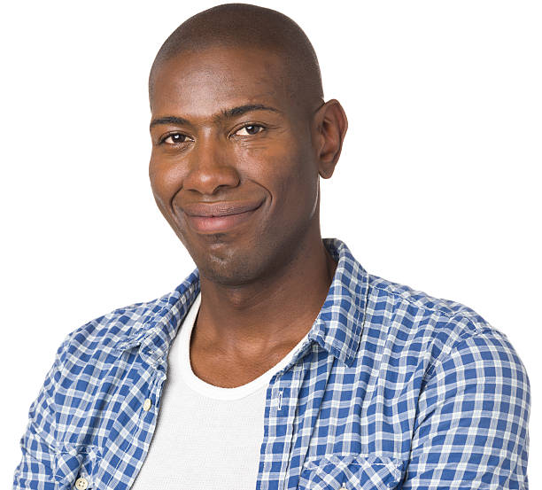 retrato de hombre joven feliz sonriente - men button down shirt black smug fotografías e imágenes de stock