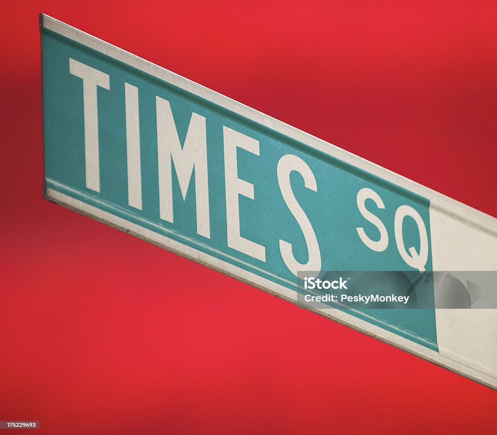 Times Square Street Sign New York City Close-Up Red Background Close-up of New York City street sign for Times Square against red LED billboard Road Sign Stock Photo