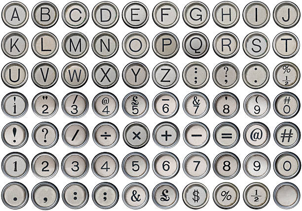 Antique Typewriter Alphabet, Numbers & Symbols Complete set of antique typewriter keys including the alphabet, isolated numbers, numbers with symbols, isolated symbols plus bonus mathematical signs, dollar and hash signs with one left blank for your own design all isolated on a white background, lined up with precision to ensure easy cut-out. typebar stock pictures, royalty-free photos & images