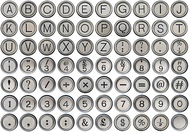 Complete set of antique typewriter keys including the alphabet, isolated numbers, numbers with symbols, isolated symbols plus bonus mathematical signs, dollar and hash signs with one left blank for your own design all isolated on a white background, lined up with precision to ensure easy cut-out.