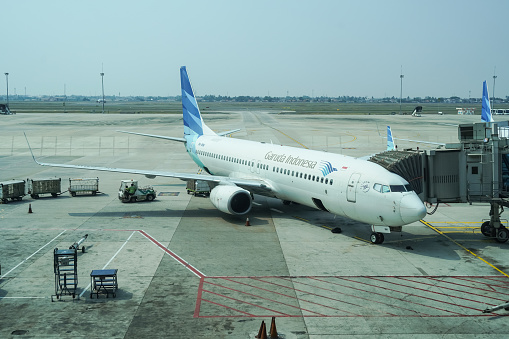 Jakarta, October 12, 2023, Garuda Indonesia aircraft at Soekarno Hatta International Airport in Indonesia. Garuda Indonesia is Indonesia main airline
