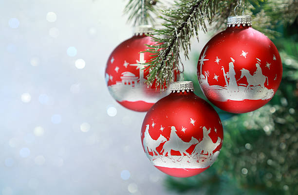 Religious: Christmas Nativity Scene on red Ornaments