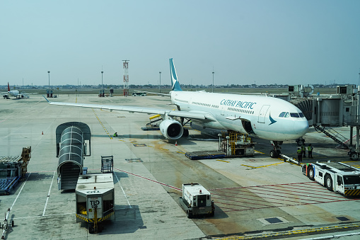 Jakarta, October 12 2023, Cathay Pacific Airplane at Soekarno Hatta International Airport in Indonesia.