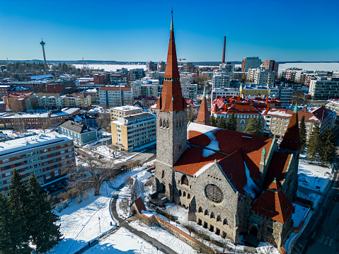 Aerial view of a church in Tampere, Finland during winter
