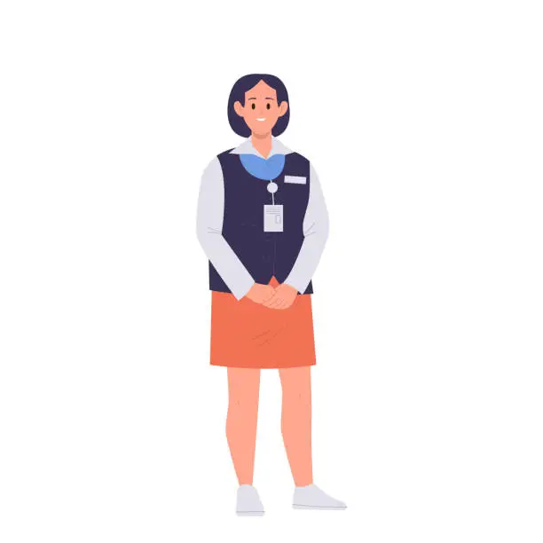 Vector illustration of Young woman train attendant cartoon character wearing uniform providing professional service