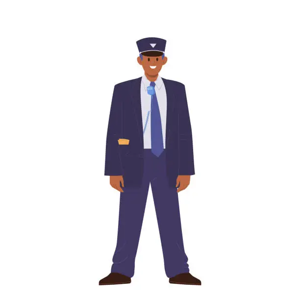 Vector illustration of Train conductor cartoon character providing professional service for passenger in public transport
