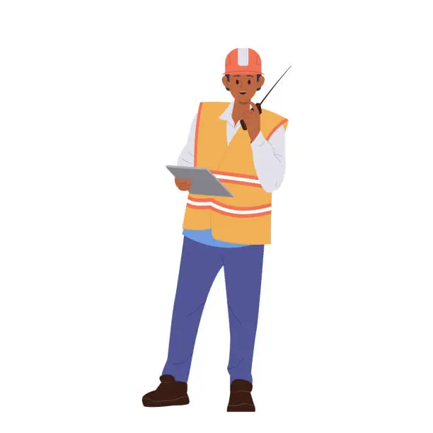 Vector illustration of Man railroader traffic controller talking to walkie-talkie checking and inspecting subway work