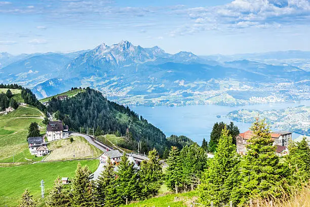 Lake Lucerne from high on Mount Rigi above Weggis in Switzerland. Lucerne is on the right and the skyline mountain is Mount Pilatus. AdobeRGB colorspace. Other views around Lake Lucerne:
