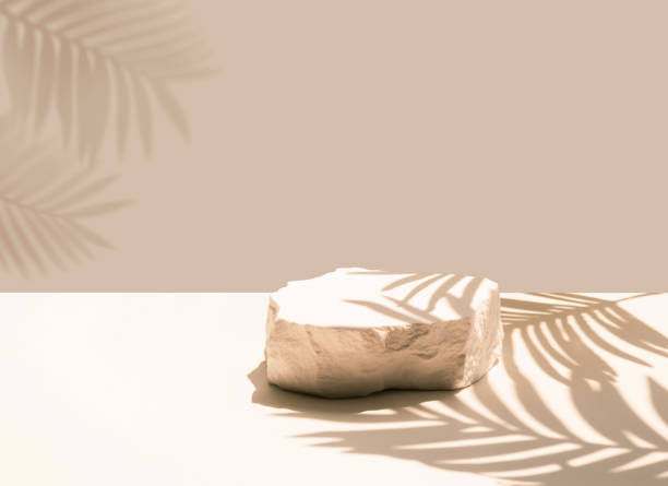 istock Selective focus.sandstone top product display platform in tropical design with shadow palm leaf on pastel wall background. 1752335628