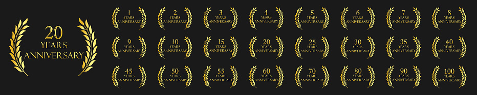 Set of anniversary logotype. Golden anniversary celebration emblem design for company. Vector illustration.