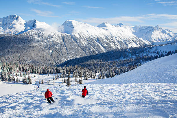 Sun Bowl and Skiers on Whistler Mountain The snow is soft and fresh in Sun Bowl on Whistler Mountain.Whistler Blackcomb Lightbox: whistler mountain stock pictures, royalty-free photos & images