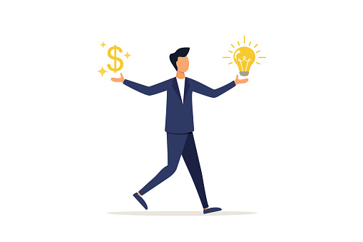 Business idea to make money, smart businessman with light bulb idea in hand and dollar money sign on the other hand, innovation and creativity to make profit from investment or financial planning concept.