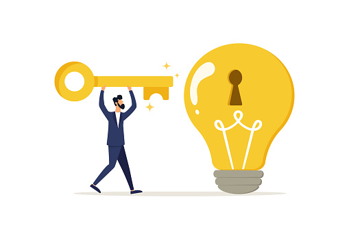 Invent a new product, smart businessman is holding a golden key, which is about to insert a lamp idea light bulb into the key.