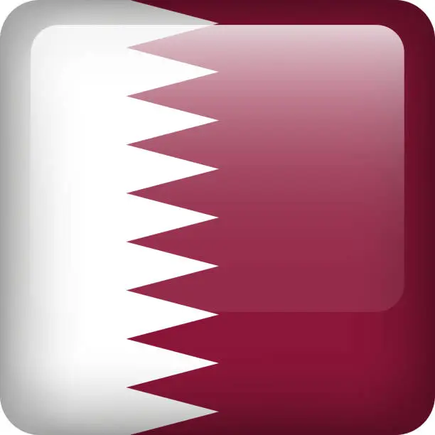 Vector illustration of 3d vector Qatar flag glossy button. Qatari national emblem. Square icon with flag of Qatar