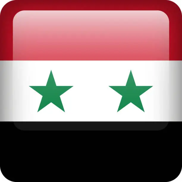 Vector illustration of 3d vector Syria flag glossy button. Syrian national emblem. Square icon with flag of Syria.