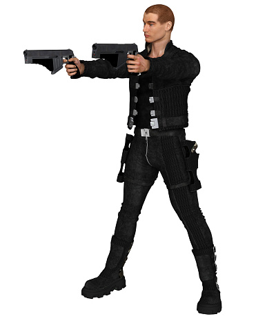 Illustration of a futuristic male soldier of fortune with two guns, 3d digitally rendered illustration