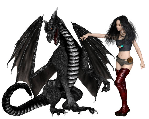istock Female Dragon Tamer Instructing a Black Dragon 1752349254