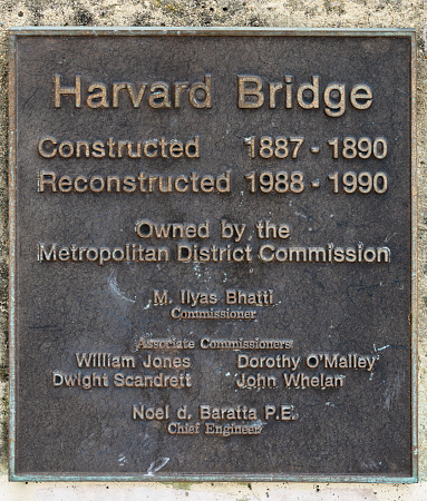 Harvard bridge plaque in Boston, Massachusetts, USA.