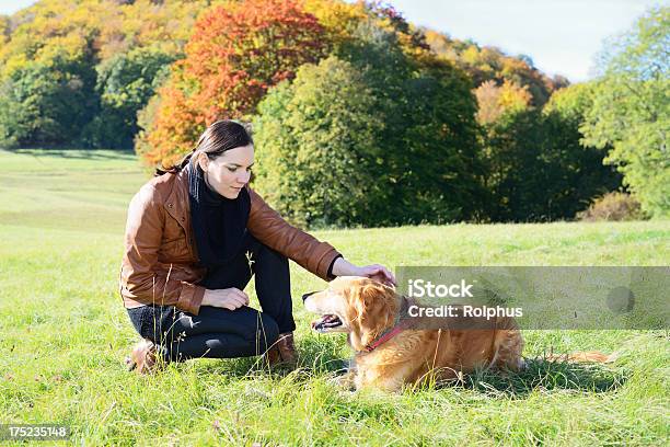 Brunette Frau Spielen Mit Dem Hund Im Freien Im Herbst Stockfoto und mehr Bilder von 35-39 Jahre