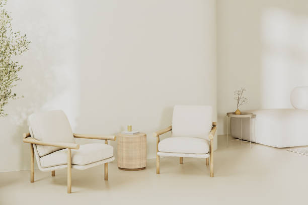 istock Modern living room interior in light beige tones with 2 armchairs and table, empty wall with sunlight, 3d render 1752353262