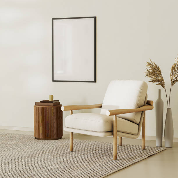 poster picture blank frame in modern home interior, reading nook, beige tones, modern design armchair and furniture, 3d render