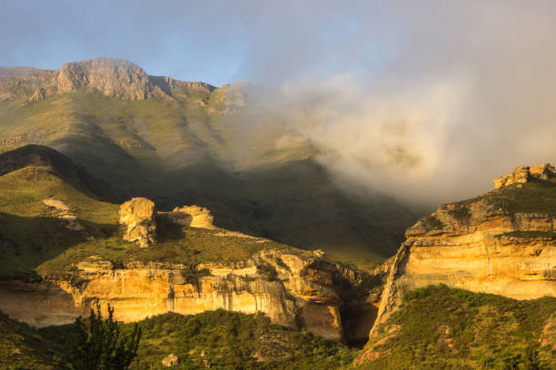 Fog shrouding the top of majestic gold colored cliffs of golden gate highlands national park in the Drakensberg Mountains of South Africa, in the glow of the late afternoon sun. The Golden Gate Highlands National Park is located in the Free State Drakensberg Mountains and is named after the Brilliant shades of gold of the cliffs composed of Clarence Sandstone. golden gate highlands national park stock pictures, royalty-free photos & images