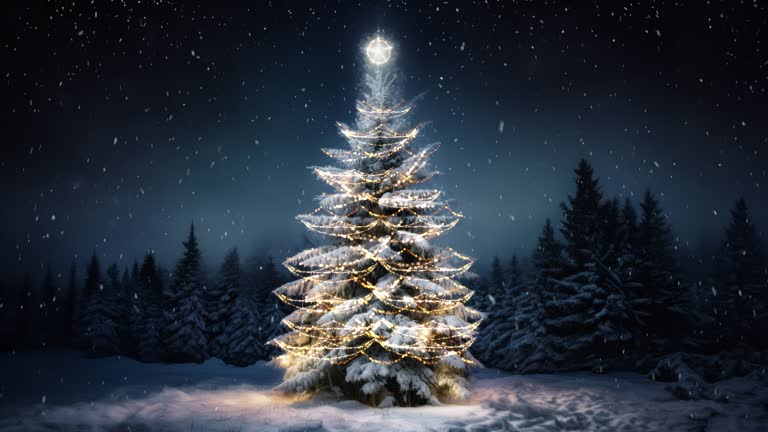 In the tranquil winter night, a Christmas tree stands majestically in a snowy forest, its branches adorned with a shimmering garland, while gentle snowflakes descend, creating a serene holiday scene.