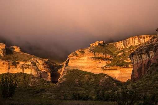 The Golden Gate Highlands National Park is located in the Free State Drakensberg Mountains and is named after the brilliant shades of gold of the cliffs composed of Clarens Sandstone.