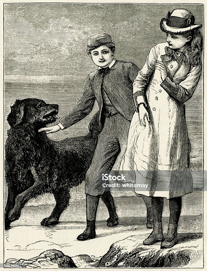 Victorian niña y niño con un perro - Ilustración de stock de Estar de pie libre de derechos