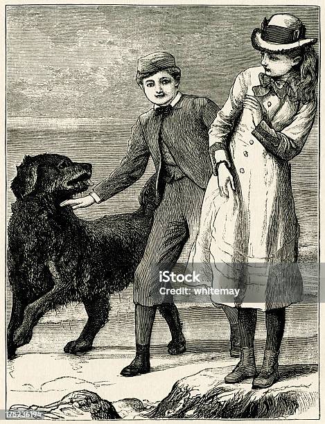 Ilustración de Victorian Niña Y Niño Con Un Perro y más Vectores Libres de Derechos de Estar de pie - Estar de pie, Niños, Perro