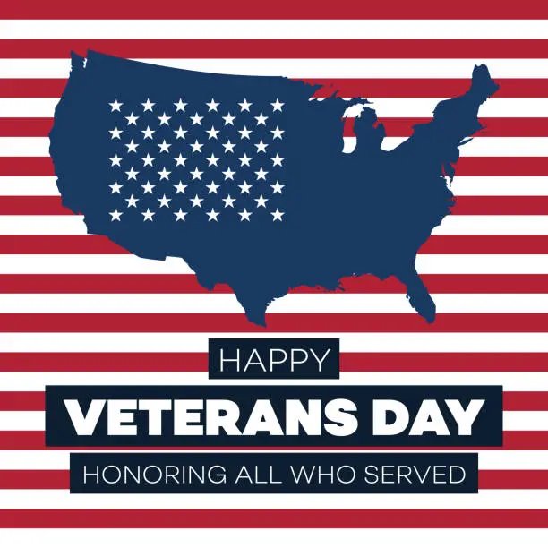 Vector illustration of Happy Veterans Day Poster Post Design - American Flag, Army Soldier, Blue, White, Red, American Culture, US Military, US Navy, US Veteran's Day