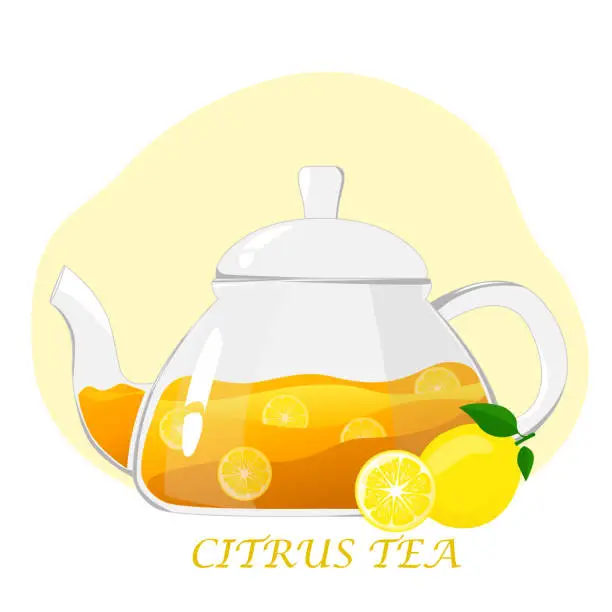 Vector illustration of Glass teapot with citrus tea.Transparent glass teapot with lemon tea. Healthy drinks concept.Vector illustration for cafes, advertisements, banners