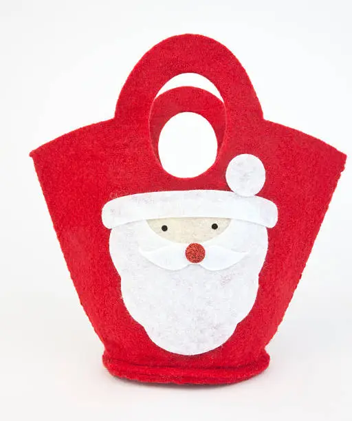 Red felt Santa holiday gift bag. Vertical.-For more jars, boxes, containers, bottles, and bags click here.  JARS, BOXES, CONTAINERS, BOTTLES, and BAGS 