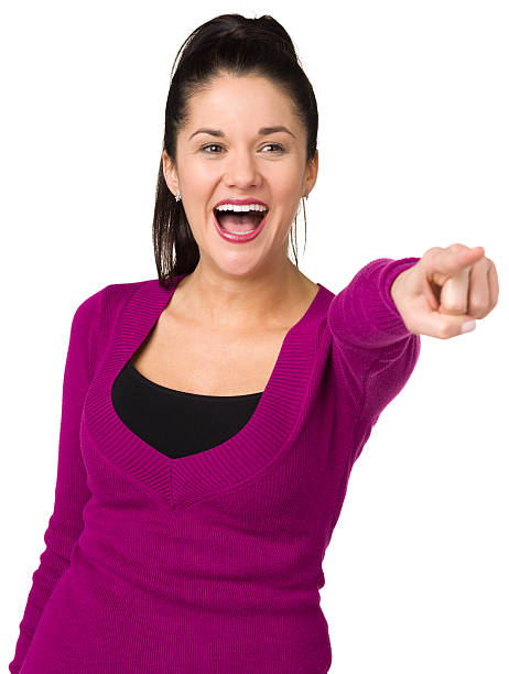podekscytowana kobieta z wyciągniętą ręką - long sleeved shock confidence excitement zdjęcia i obrazy z banku zdjęć