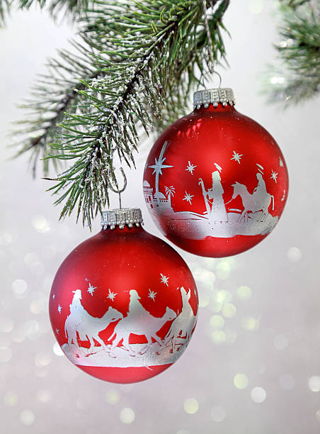 istock Religious: Christmas Nativity Scene on red and silver Ornaments 175236953