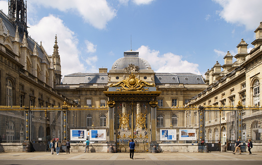 Gateway to the Palace of Justice (French: Palais de Justice, Paris) entrance. PARIS - 29 APRIL,2019