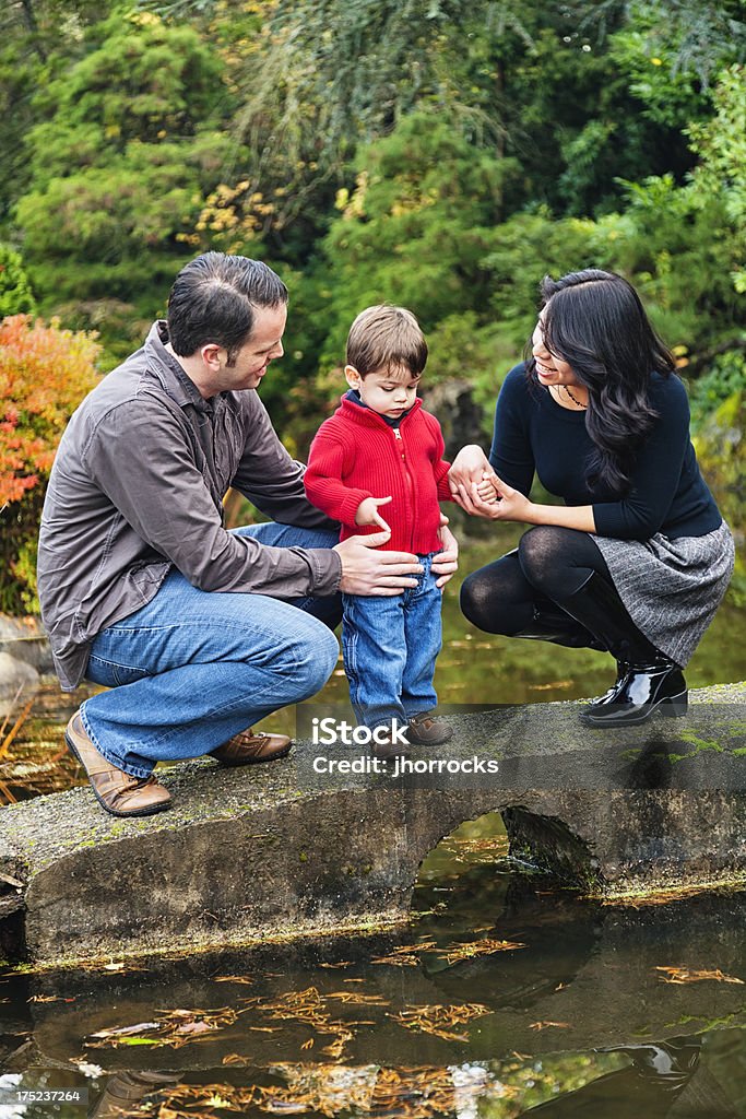 Family Watching Coy Fish at The Park Photo of a young mixed race family observing coy goldfish fron atop a small cement foot bridge in a Japanese garden park. Adult Stock Photo