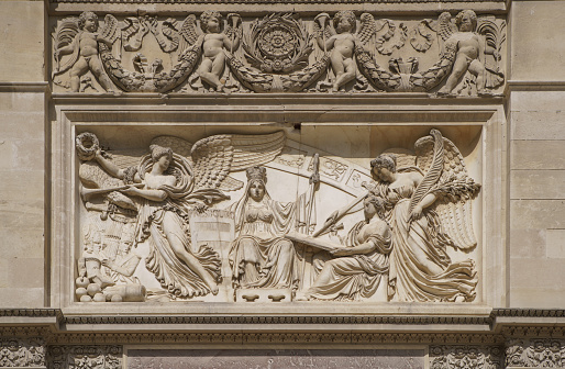 Bas relief on Triumphal Arch of the Carousel (French: Arc de Triomphe du Carrousel). PARIS - 29 APRIL,2019