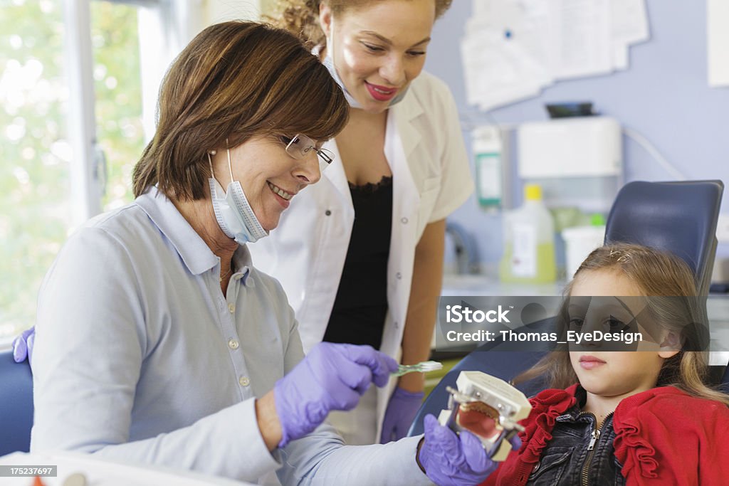 Female Dentist with Child patient Female dentist showing young child how to clean her teeth. Dental assistant looking over the shoulder of the patient. 25-29 Years Stock Photo