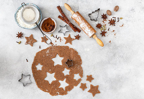 Baking ingredients for Christmas holiday traditional gingerbread cookies