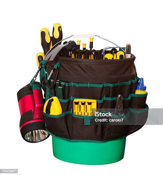 Work Tools In Bucket Caddy Isolated On White Stock Photo - Download Image Now - Black Color, Bucket, Carabiner