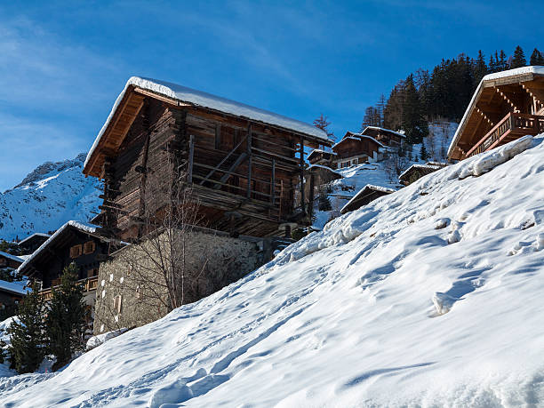 Swiss alpine Chalet and Village covered in snow